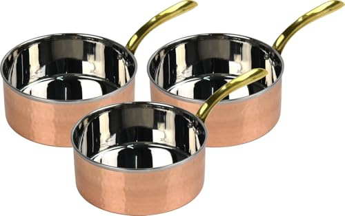 Copper Sauce Pan Set 3 Pieces Stainless Steel with Hammered Copper Brass Handle for Cooking & Serving (3X 850ml Capacity)