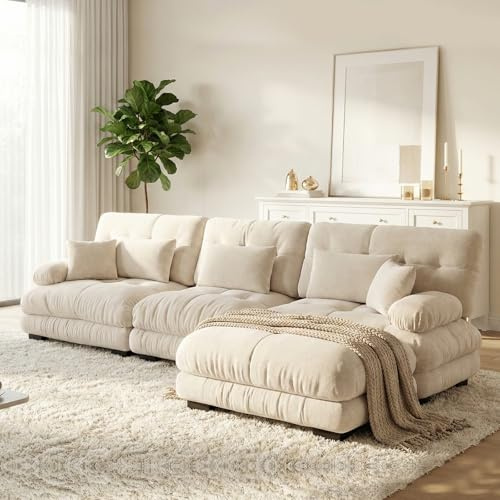 MONNIYU Modulares Ecksofa mit Schlaffunktion, Ecksofa mit Ottomane, Cloud Couch Beige, L Shape Couch, Sofa 3-Seater, Chenille Sofa Bed with Memory Foam, Living Room