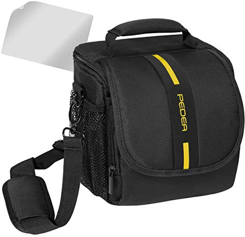 PEDEA DSLR-Kameratasche Essex mit Displayschutzfolie für Canon EOS 5DS R M6 M100 100D G1X Mark III SX740 / Nikon Z6 D850 / Panasonic Lumix DC GH5 GX800 / Sony Alpha 6000 6500, Gr. M schwarz/gelb