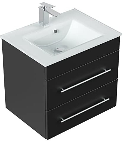 emotion | Waschbecken mit Unterschrank in Schwarz Seidenglanz | Made in Germany | B61,5 x H55,6 x T46,5 cm | Waschtischunterschrank mit Zwei Schubladen | Badmöbel für designvolle Badezimmer