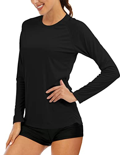 MAGCOMSEN Women's UPF 50+ SPF Long Sleeve Swim Shirt, Fishing & Hiking Rash Guard - Black