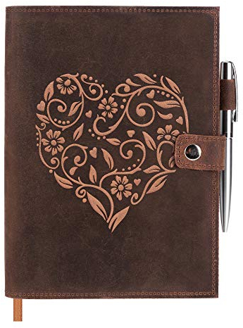 Cuaderno A5 de Cuero Genuino y Bloc de Notas Recargable – Libreta con Grabado de Corazón en Relieve – Diario Personal Hecho a Mano con Portalápices – Papel de Primera Calidad – Lujoso Bolígrafo