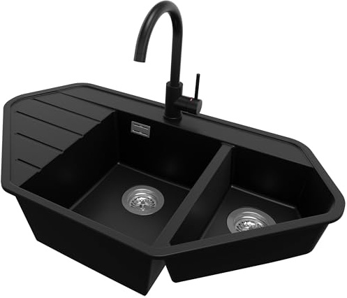 PRIMAGRAN Granitspüle ab 70er Unterschrank + Küchenarmatur, 90x50cm | Set: Küchenarmatur BW5010 + Ablauf-Set (Siphon, Ablaufgarnitur, Überlauf) + Spülbecken 1,5 Becken - Kopenhagen, Schwarz