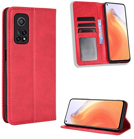 Lederhülle für Xiaomi Mi 10T 5G/Xiaomi Mi 10T Pro 5G Hülle, Flip Case Schutzhülle Handy mit Kartenfach Stand und Magnet Funktion als Brieftasche, Tasche Cover Etui Handyhülle für Mi 10T, Rot