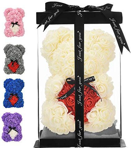 orso rosa - orsacchiotto rosa 10 pollici Hugz Teddy Flower Bear - Oltre 250 dozzine di fiori artificiali - regali unici, regali per le donne Scatola regalo trasparente (milk white)