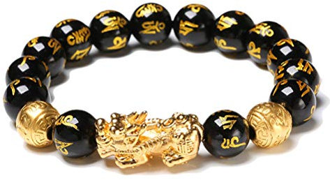 Tumnea Pixiu Armband, Feng Shui schwarzes Obsidian Armband mit goldenem Pi Xiu, Mantra Amulett Perlen Armbänder, Glücksbringer Armband für Männer Frauen