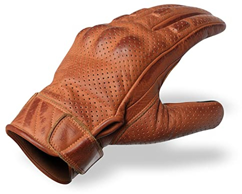 bikersgearonline Men's Premium Waxed Austin Brown Leather Perforated Motorcycle Gloves (Large)
