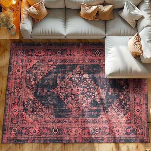 Kurzflor Teppich Wohnzimmer Schlafzimmer Läufer Flur Waschbarer Teppich Weich Vintage Stil, Wohnzimmerteppich, Farbe: Rot, Größe: 120 x 170 cm