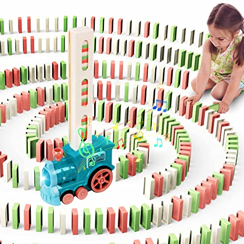 OSDUE Domino Spielzeug - 100 Stück Domino Baustein Zug Set, Elektrischer Zug mit Licht und Ton, Pädagogisches Spielzeug für Mädchen und Jungen ab 3 Jahren (Blau)