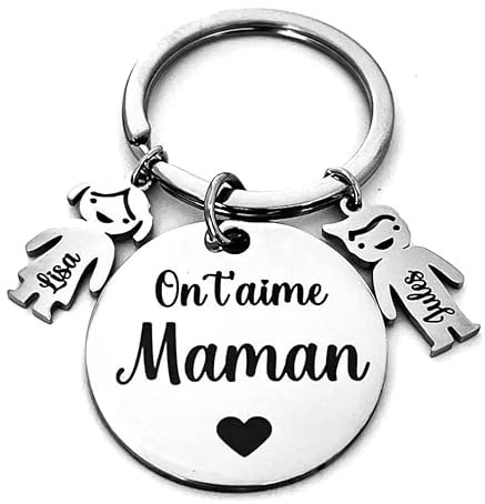 Porte Clé Gravé avec breloques Prénoms Enfants – Cadeau Maman Personnalisé Original, Fete des Meres – Porte-clés métal inox – Idée Cadeau Fête des Mères, Anniversaire, Noël...