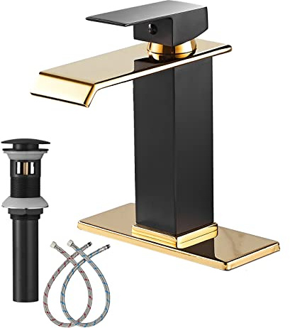 Schwarz Gold Badezimmer Armaturen Wasserfall Auslauf Waschbecken Wasserhahn mit Überlauf Ablauf Montage Einhebel Badezimmer Eitelkeit Waschbecken Wasserhahn mit Deckplatte 1-3 Löcher Eitelkeit