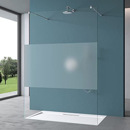 Mai & Mai Duschwand für Dusche Duschabtrennung 120x200cm mit 2 Haltestange | Walk-In Dusche 10mm Klarglas Teilsatiniert ESG-Sicherheitsglas mit Nanobeschichtung Rechteckiger Stabilisator Bremen02MS+2
