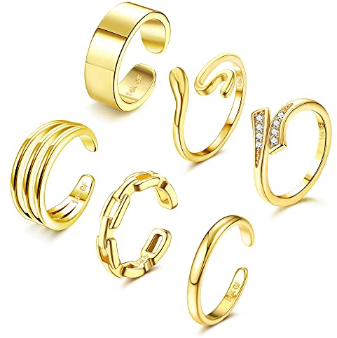 FIOROYAL 6 Stück 14K Gold Zehenring Verstellbare Zehenringe Set für Damen Mädchen CZ Herz Offene Zehenringe Sommer Strand Fußschmuck Snake Type