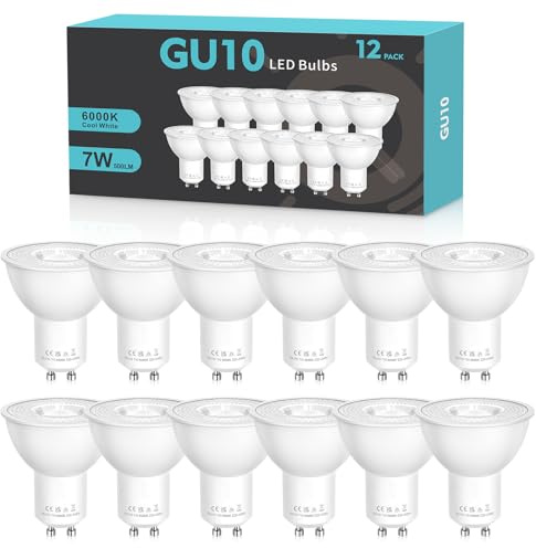 GU10 LED Bulbs, GU10 Bulbs 7W 500lm Cool White 6000K 12 Packs | Energy Saving LED Light Bulbs,50W Halogen Spotlight Equivalent,38° Beam Angle, Non-Dimmable, for Home Lighting Decor