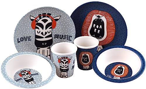 Kids Lion Zebra 6 Piece Melamine Kids Breakfast Set - Plate Bowl, Cup