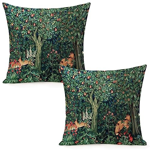 2 Kissenbezüge, Motiv: William Forest Fuchs, Hasen, blau-grünes Blumen-Morris-Design, ästhetisches Kissen für Schlafzimmer, Samt-Dekor-Kissenbezug, Heimdekoration, Wohnzimmer, Kissen für Bett, Sofa,