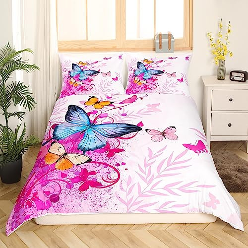 Blau Schmetterling Bettwäsche Set 135x200 Rosa Tie-Dye Bettbezug Rustikale Garten Thema Tröster Abdeckung Bunte Schmetterling Bettwäsche Traum Thema Bettwäsche für Kinder Blumen Bettwäsche Abdeckung