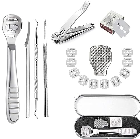 Râpe à Pieds Pédicure, Grattoir à Pied, Lime pour pieds outil de soin en Acier Inoxydable Rasoir Râpe Pied pour Callosités dur Coupe cors Peaux dures et Mortes Pédicure kit Outils avec 10 Lames