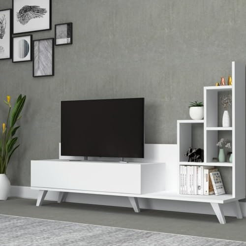 Meuble TV en bois 160 cm avec bibliothèque blanche - Bingo