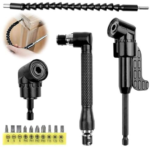 EMOIEMO 14 Piezas Adaptador de Destornillador Angular Set, 105 ° Adaptador para Atornillador Angular, Enchufes para Destornillador de L-forma con 10 Broca de Destornillador, Accesorios Taladro