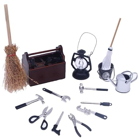 WLZP Miniatur Wichtel Zubehör, 14 Stück Wichtel Werkzeug Set, Miniatur Werkzeugkasten mit Werkzeug, Miniatur Garten Deko Öllampe Eimer Kehrbesen Mopp Gießkanne