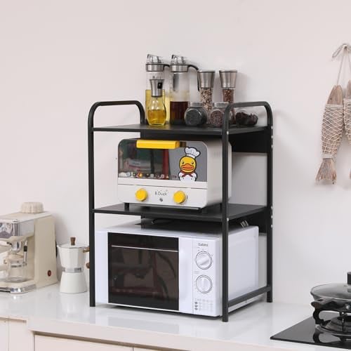 Sanery 3 Tiers Microwave Oven Rack, Free Standing Microwave Shelf for Kitchen, Home Office Desktop Printer Rack, Countertop Storage Organizer for Spices Pots and Pans, Black