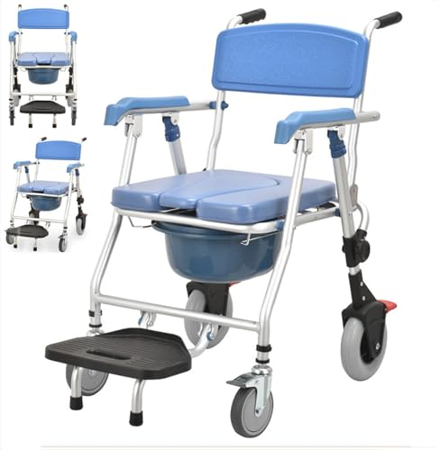 Sedia da Toilette per Anziani, Sedia da Doccia con Quattro Ruote con Freni e Poggiapiedi Pieghevole, Sedia a Rotelle Wc Doccia 3 In 1, 90 * 63 * 55cm, Ideale per Persone di Peso Inferiore a 150kg