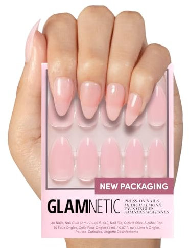 Glamnetic Press On Nails - Cloud 9 | Jelly UV Finish Medium Pointed Almond Shape, Reusable Pink Nail Kit in 15 Sizes, Semi-Transparent - 30 Nail Kit with Glue