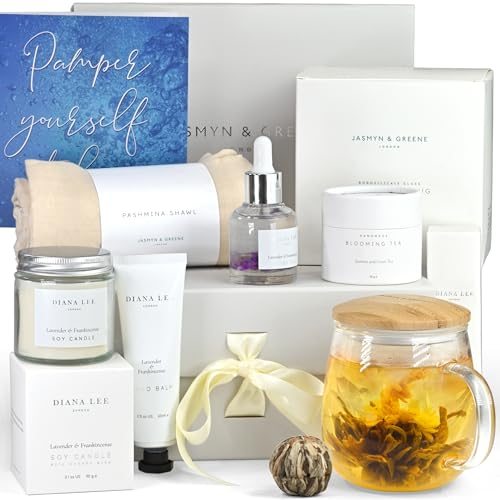 Jasmyn & Greene Self Care Birthday Gifts for Women - Blooming Flower Tea Set Gifts for Mum with Glass Tea Mug and Relaxing Pashmina Shawl, Spa Pamper Hampers for Women, Get Well Soon Gifts for Her