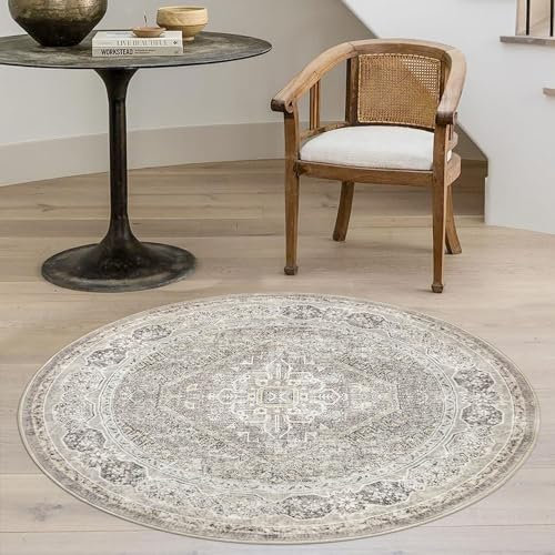 KUTA Orientalische kleine runde Teppiche, 91 cm, Elfenbeingrau, Gelb, waschbar, Kreis, Innenbereich, rutschfest, Vintage-Medaillon-Teppich für Eingangsbereich, Bauernhaus, Küche, Esszimmertisch