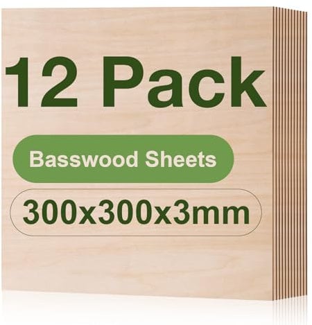 ROBOTIME 3mm Plywood Sheets Basswood Cut to Size 30×30 CM 12 Pack Wood Burning Model Making Laser Ply Material, Thin Wood Sheets for Craft Projects