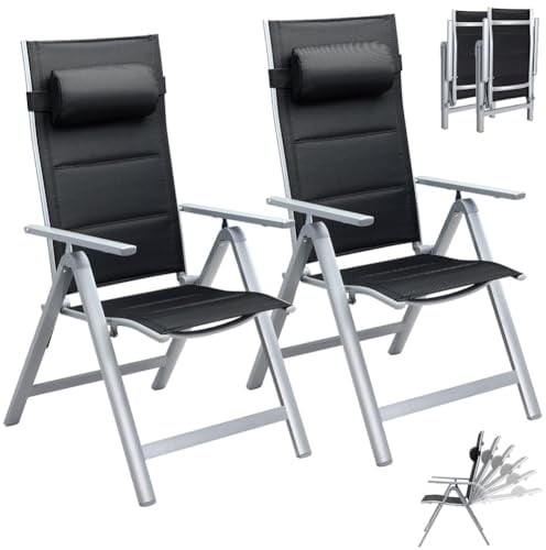 BAKAJI 2X Gartenstuhl, Hochlehner, extra gepolstert, klappbar, Gestell und Armlehnen aus Aluminium, inkl. Kopfstütze/Lendenwirbelkissen, 8-Fach verstellbar, Outdoor