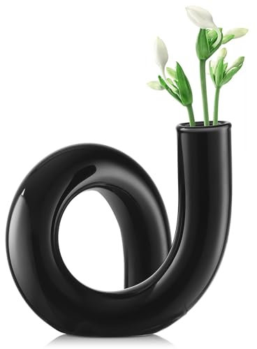 Joeyan Petit Vase à Fleurs en Verre, Fait à La Main, Noir Vase Décoratif Géométrique en Verre pour Centres de Table Modernes, Salon, Bureau,Vase Abstrait de 12cm pour Fleurs Simples et Fleurs Sèches
