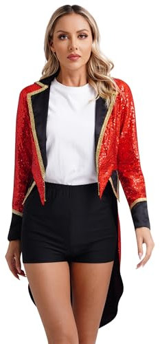 FEESHOW Damen Kostüm Zirkusdirektor Jacke Glitzer Pailletten Frack Vintage Mittelalter Karneval Fasching Kostüm Husar Schlagzeuger Uniform Mantel Rot XL