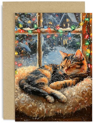 Vintage-Weihnachtskarten für Männer und Frauen – Festliche Katzen-Schlaflichter Malerei Design – für Sie oder Ihn – Weihnachtskarten für Vater, Mutter, Großeltern, Tante, Onkel – Innenseite