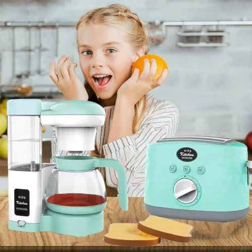 Coo11 Coffee Maker and Pop-Up Toaster Toy Set, Realistic Kitchen Pretend Play with Bread, Coffee Pot, Timer, Lights and Sounds, Fun Breakfast Simulation Toy for Kids Ages 3+