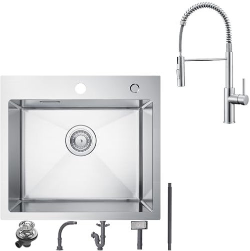 CECIPA 50x45 cm Evier Inox 1 Bac avec Robinet Cuisine Ressort