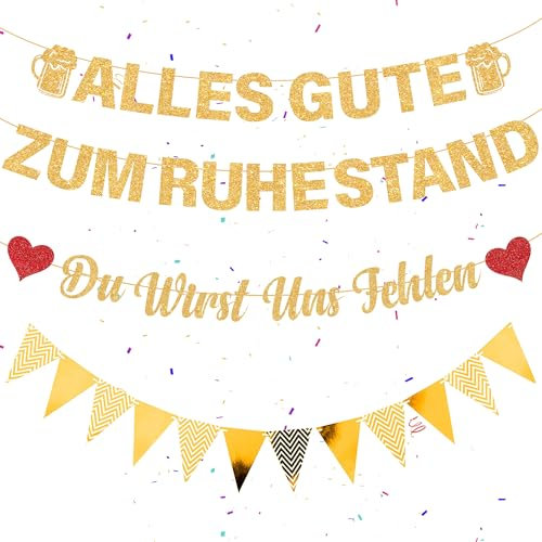 Ruhestand Deko Vormontiert Rente Dekoration – 53 Stück Gold Glitzer Partyzubehör Alles Gute zum Ruhestand Banners Du wirst Uns fehlen Girlande für Mann Frauen Abschiedsfeier Pension Abschied Party