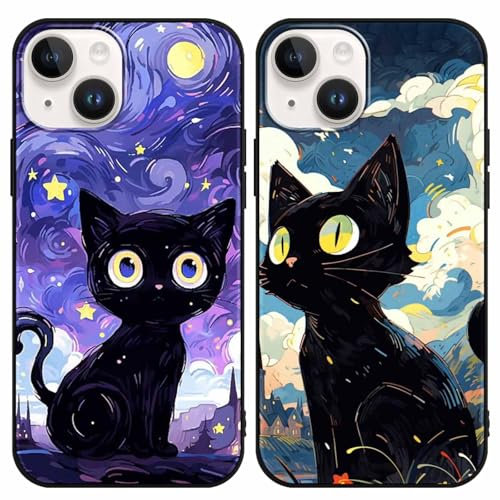 Yimctoie 2 Stück Handyhülle für iPhone 14/iPhone 13 Hülle 6,1,Cute Anime Katze Sternenhimmel Aesthetic Case,Schwarz Cat Cartoon Ästhetik Starry Night Schutzhülle Silikon TPU Stoßfeste Cover