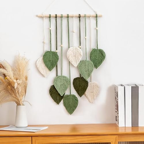 CCAIPU Tapiz Pared de Macramé, Tapiz Tejido con Hojas de Bohemia, Hecho a Mano, Decoración de Pared con Plumas y Hojas para Sala de Estar, Dormitorio y Hogar (Verde)