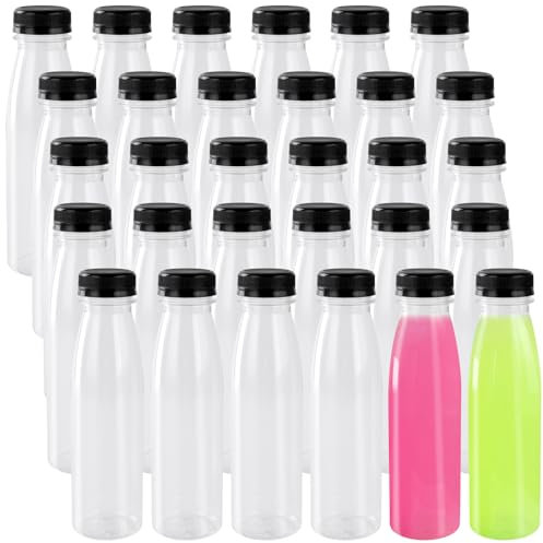 MOUYAT 30pcs 300ml Plastic Juice Bottles, 10oz Empty Smoothie Bottle Clear Juice Bottles with Black Lids for Milk, Beverage, Juice