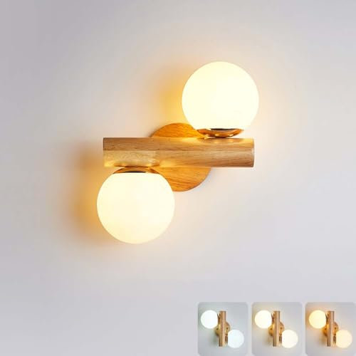 AoLa Holz Wandleuchte LED Innen Wandlampe Up Down Beleuchtung Vintage Retro Lampe 360° Drehbar 2 Flammige Kugel Glas Lampenschirm Nachttischlampe 2 x E27 bis max. 60W Nachtlicht