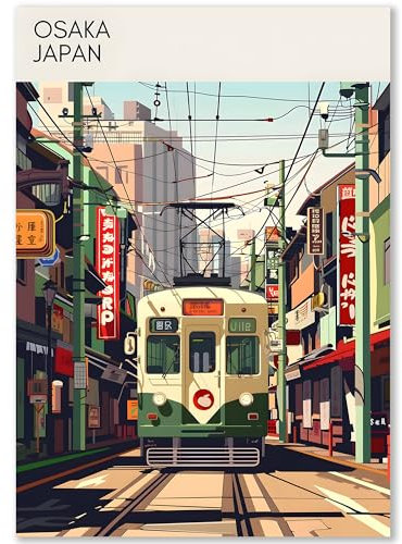 Happymotive Städteposter | Osaka Japan Retro Poster Vintage | Schlafzimmer Deko Bild im Hochformat | Bilder Wohnzimmer | Kunstdrucke in A2 40x60, A3 30x40, A4 20x30 300g Papier ohne Rahmen