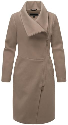 Navahoo Damen lange Übergangsjacke Mantel in Woll-Optik mit asymmetrischem Kragen und wasserdichtem Reißverschluss Samtrose 14 Taupe Grey Gr. S
