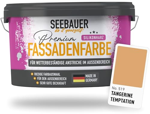SEEBAUER diy Silikonharz-Fassadenfarbe Orange 2,5L für Außen (No. 519 Tangerine Temptation) Selbstreinigende Fassadenfarbe mit Lotuseffekt - Geeignet für Putz, Mauerwerk und Beton