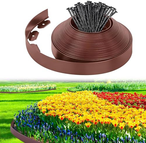 Lawn Edging, 10m Garden Edging Border with 30 Pegs, 5cm High Plastic Flexible Landscape Lawn Edging Strip for Flower Beds Edging, Grass Edging, Lawns and Paths