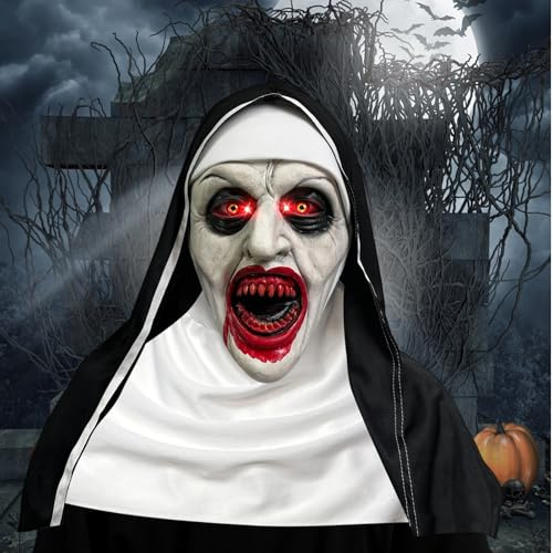 Zecnaud Halloween Maske, The Nun Maske Gruselige Rote Augen, Halloween Mask Nonne Horror Latex Realistische Texturen, Halloween Kostüm Cosplay Gruselige Halloween Deko Masken für Unisex