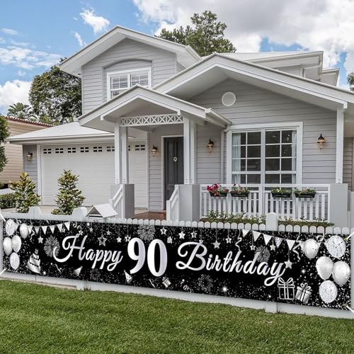 PartyYaa 90. Geburtstag Banner, 90. Geburtstagsbanner Deko, Extra Großes Happy Birthday Banner Party Fotoautomaten Hintergrund Deko Schild Poster für Männer und Frauen (Silber Schwarz)