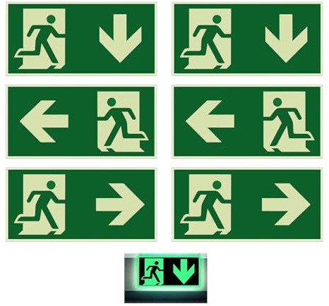6 Pezzi Cartello Uscita di Emergenza, Pellicola Riflettente in Polietilene, 300 x 150mm Design Autoadesivo, “Sinistra”, “Destra” e “Sotto” Utilizzato per Tunnel, Hotel, Scuole