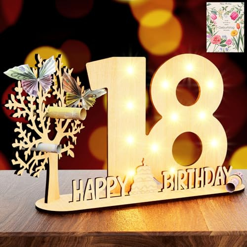 HEYCOLOR Originelle 18 Geburtstag Geschenk Mädchen & Jungen-Geschenk zum 18 | 18 Geburtstag Deko mit LED Lichterkette Holz-Schild HAPPY BIRTHDAY Ständer & Gästebuch-Personalisierbares Geschenk